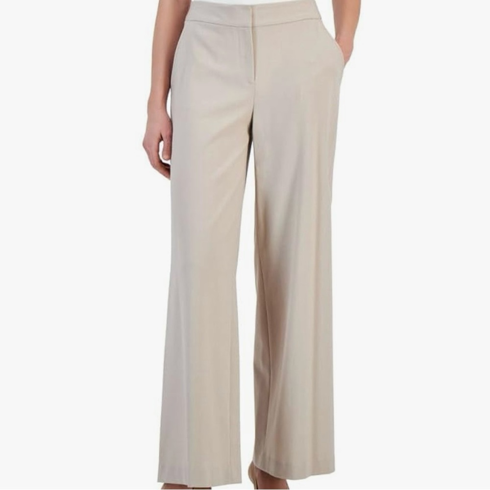 Tahari ASL‎ Separates Women's Solid Wide-Leg Mid-Rise Linen Pants SZ 4 in Sand